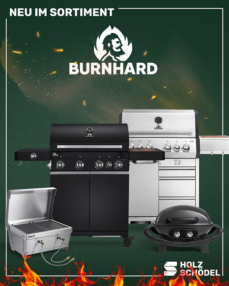 BURNHARD Logo mit einigen Grills aus dem Sortiment