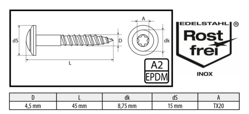 4,5x45 mm Spenglerschrauben A2