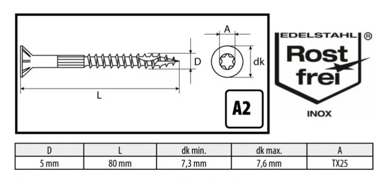5x80 mm Zaunbauschrauben Edelstahl