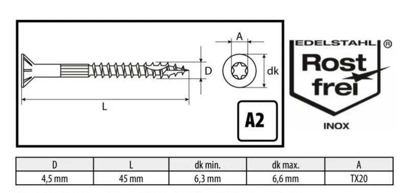 4,5x45 mm  Zaunbauschrauben  Edelstah