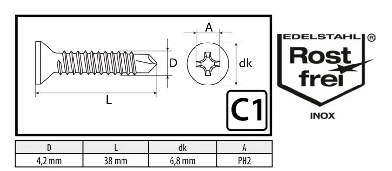 4,2 x 38 mm Bohrschraube C1 PH