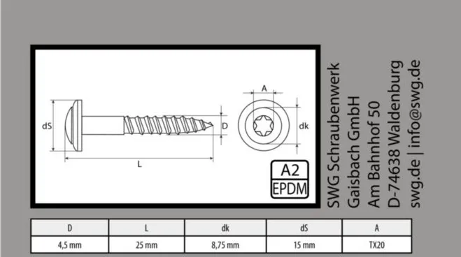 4,5x25 mm Spenglerschraube A2