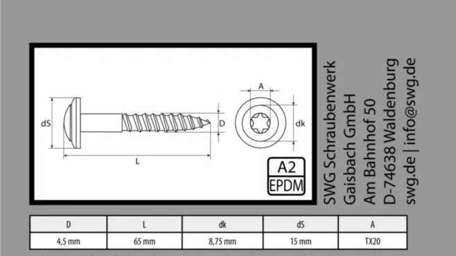4,5x65 mm Spenglerschraube A2