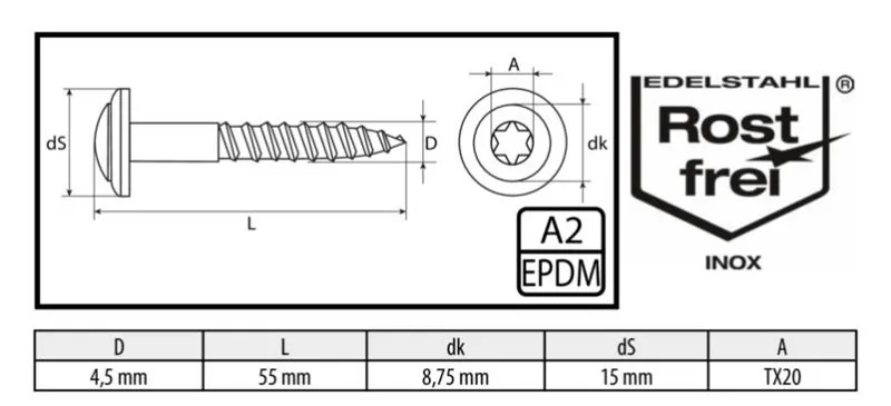 4,5x55 mm Spenglerschraube A2