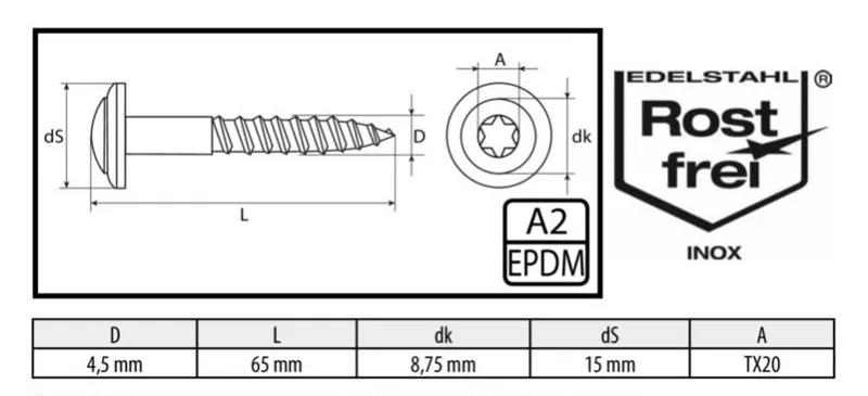 4,5x65 mm Spenglerschraube A2