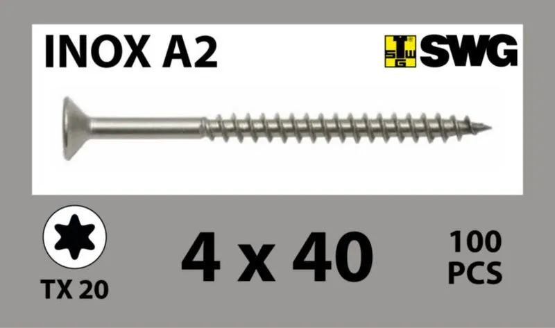\\SW-AG\AllgeierSchoedel\Bilder Onlineshop\SWG_Produktdaten_Holz_Schoedel-2025-10-23\Spanplattenschraube_ SK_A2_Edelstahl_HAU72018\4x 40 mm INOX Spanplattenschraube Senkkopf A2_100-1.jpg